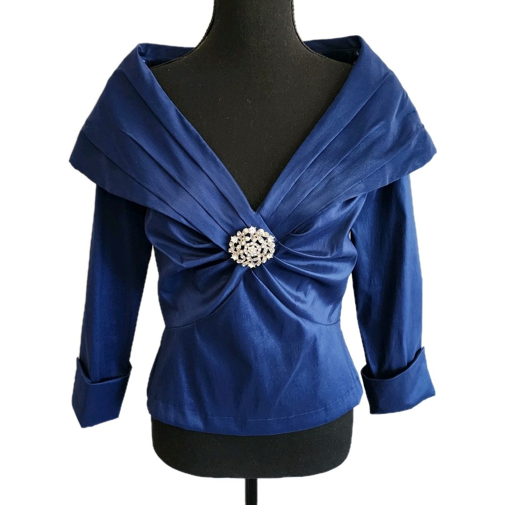 KM Collections Royal Blue Satin Jacket Sz 8 Mother of the Bride Off Shoulder Top